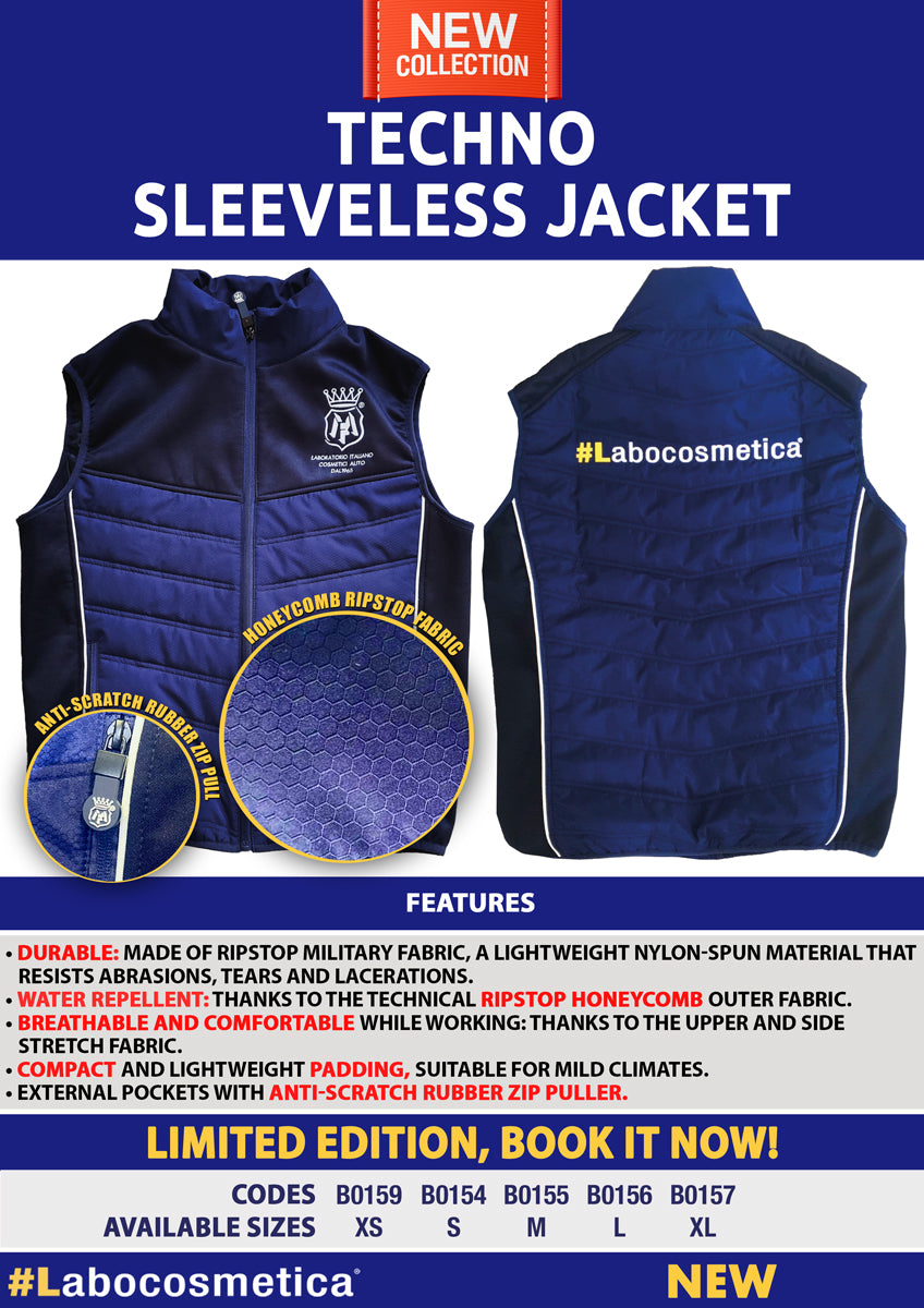 Labocosmetica Insulated Bodywarmer. Gilet, sleeveless jacket blue and black. The RIPSTOP military fabric, a light material with nylon spinning, resists not only to abrasions, tears and lacerations, but also makes the vest waterproof. Labocosmetica Ireland