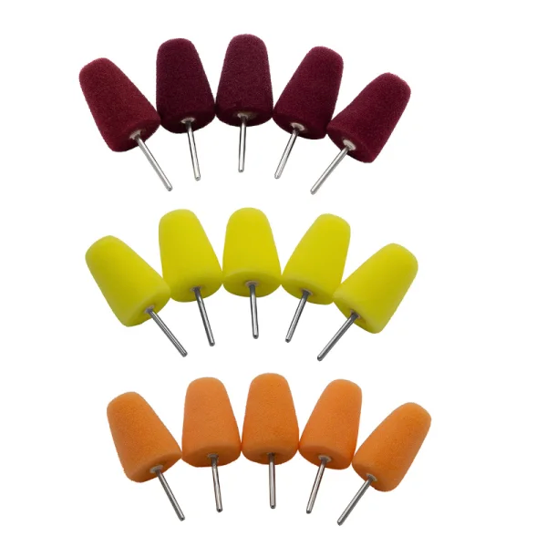 Liquid Elements Polishing Cones. Hard cut burgundy, Medium Cut Yellow, Polishing orange. Liquid Elements Cork Ireland, Liquid Elements Irealand. Polishing cones for door handles. Piano Black interior polish. Polishing Cones for Liquid Element A800 Piko Nano Mini Polisher.