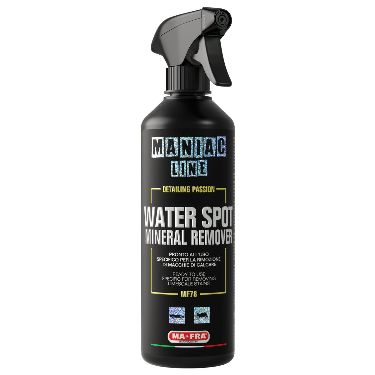 Ma-Fra Maniac Line Water Sport Remover. Limescale remover. Hard Water stain remover. Best water spot remover for bodywork and wheels. Labocosmetica. Ma-Fra Ireland Cork