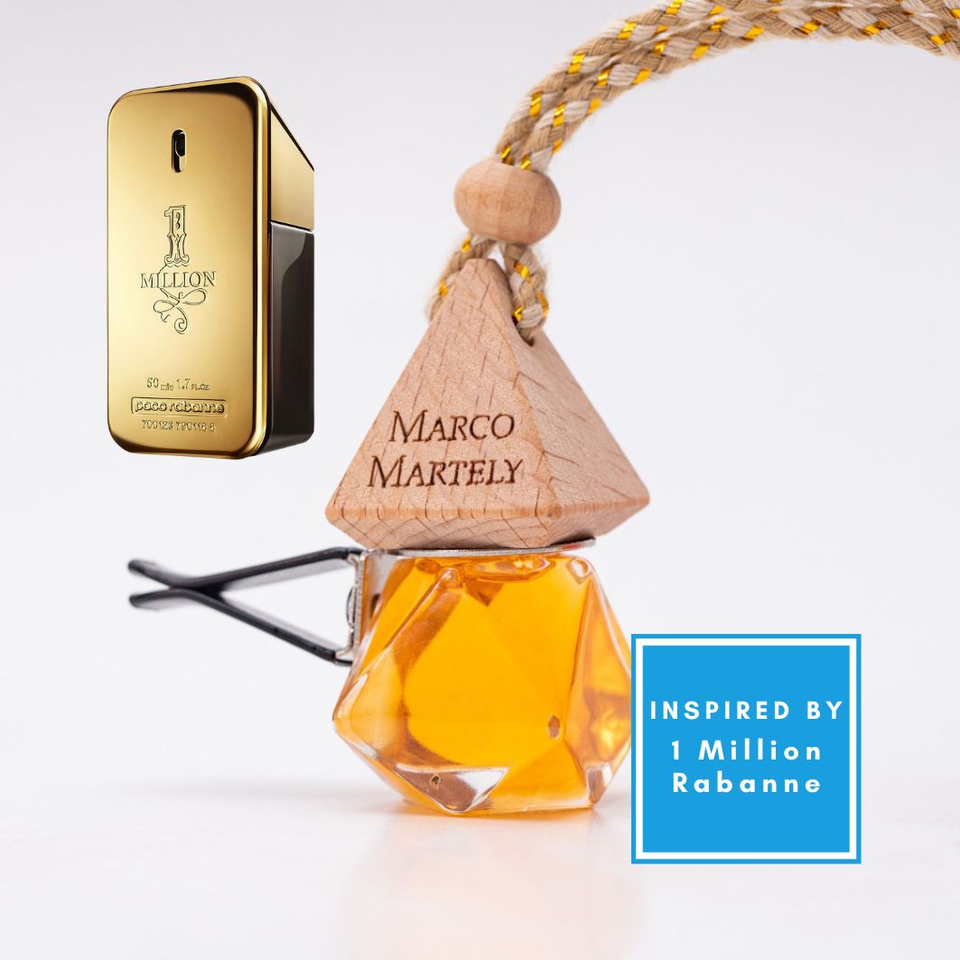 Marco Martely perfume bottle Paco Rabanne Millionaire with wooden top and gold packaging on a white background
