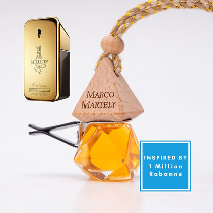 Marco Martely perfume bottle Paco Rabanne Millionaire with wooden top and gold packaging on a white background