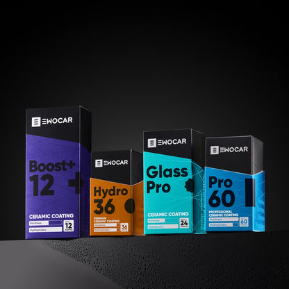 Four boxes of EWOCAR ceramic coatings on a black background
