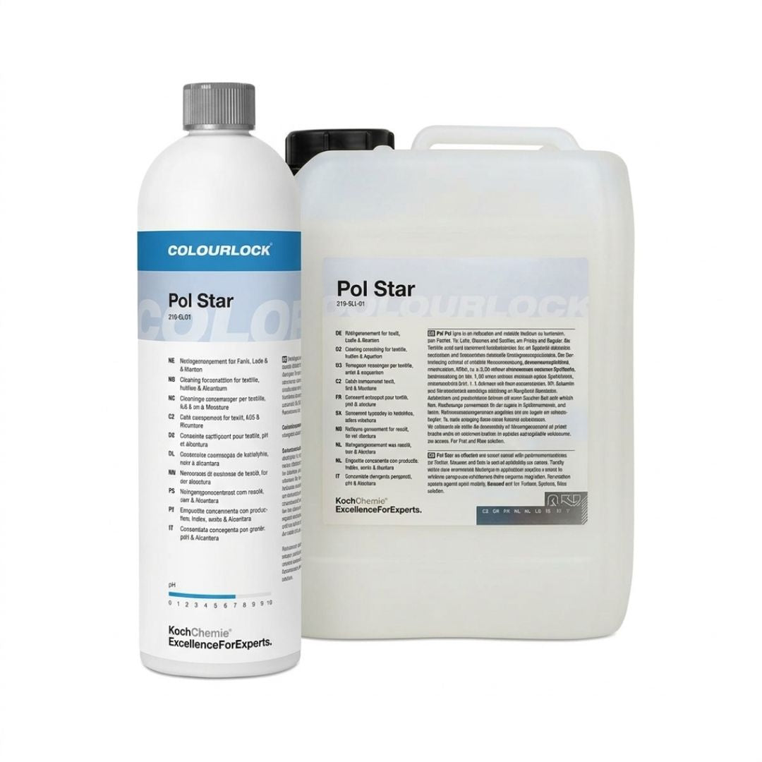 Two bottles of Koch Chemie Pol Star (PO) with new, 2026 label on a white background. 1l and 5l container. Koch Chemie Ireland