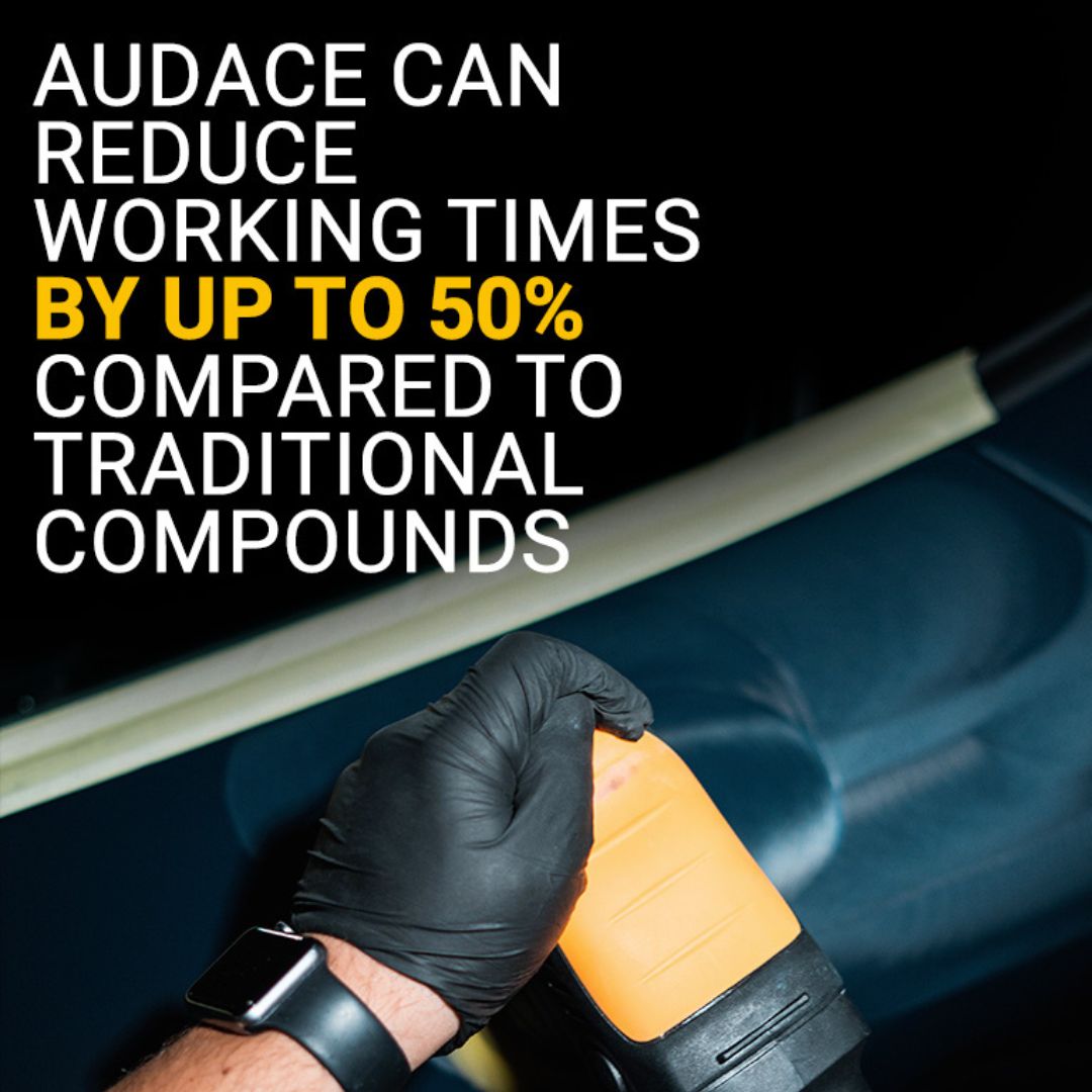 Hand wearing a black glove holding a ShineMate polisher with text about Labocosmetica Audace reducing working times by up to 50% compared to traditional compounds.