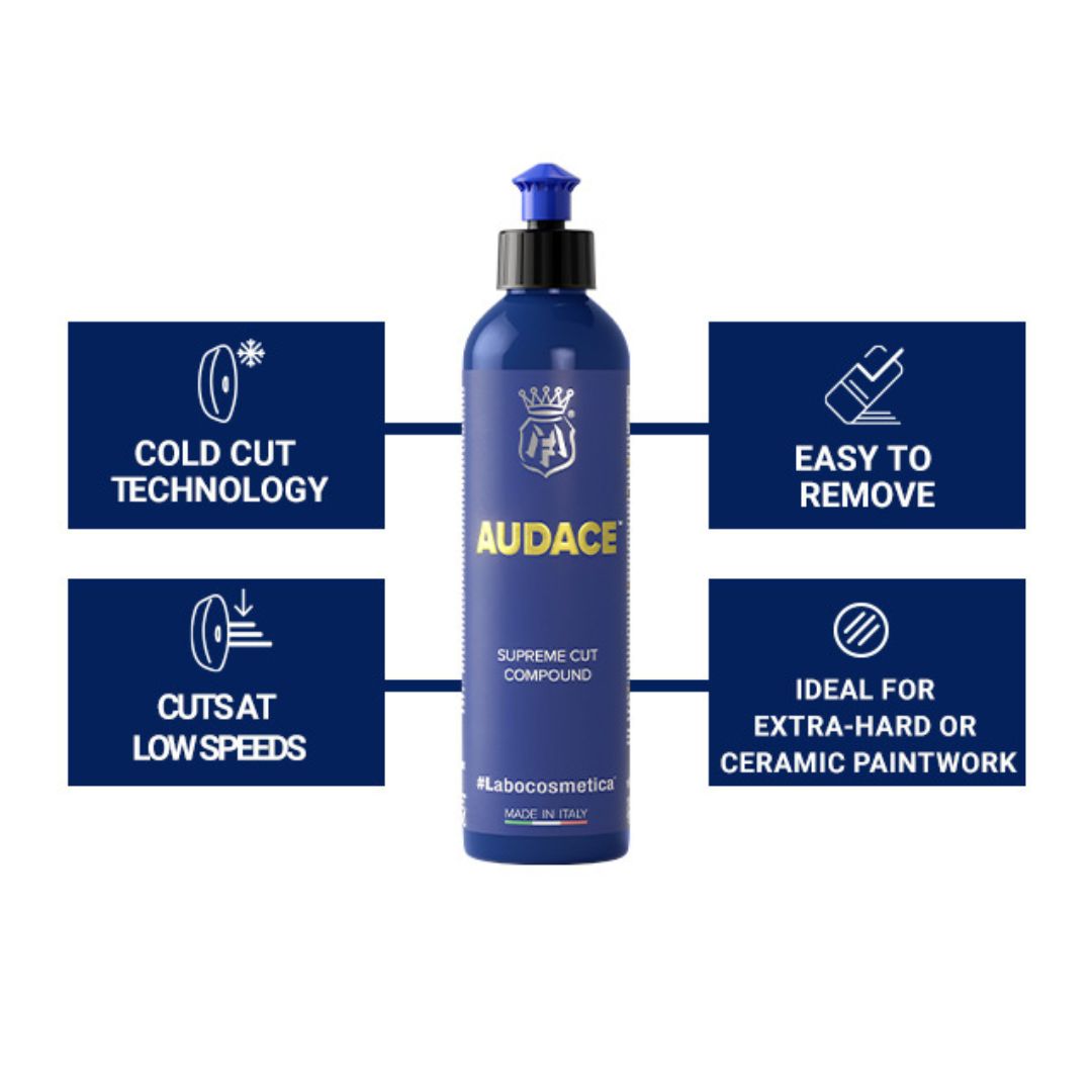 Blue bottle of Labocosmetica Audace Supreme Cut Compound with features listed on a white background