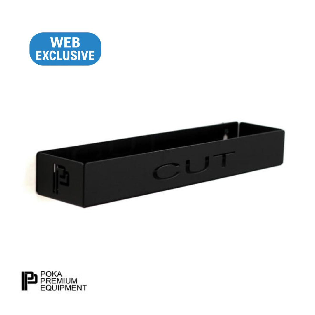 Black tray with 'CUT' engraving on a white background, featuring Poka Premium Equipment logo.