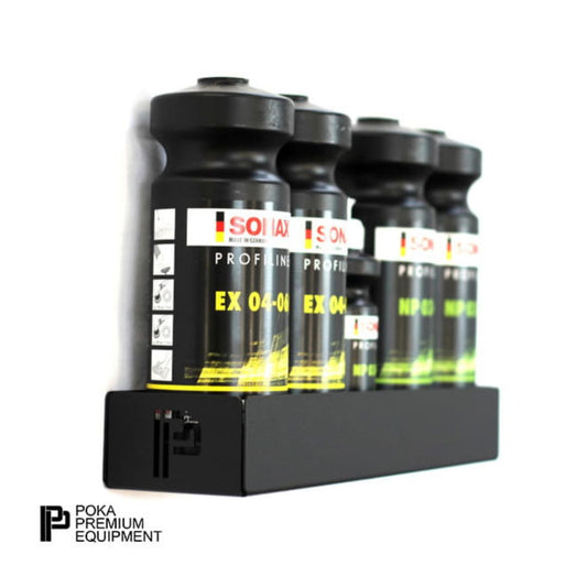 Display of Sonax polishing compouns bottles on a black Poka Premium Shelf stand with visible branding.