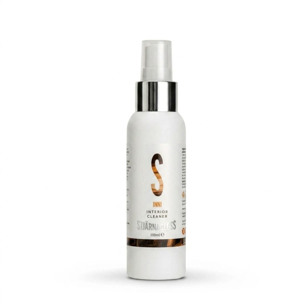 White spray Stjarnagloss Inni Interior cleaner bottle 100ml on a white background