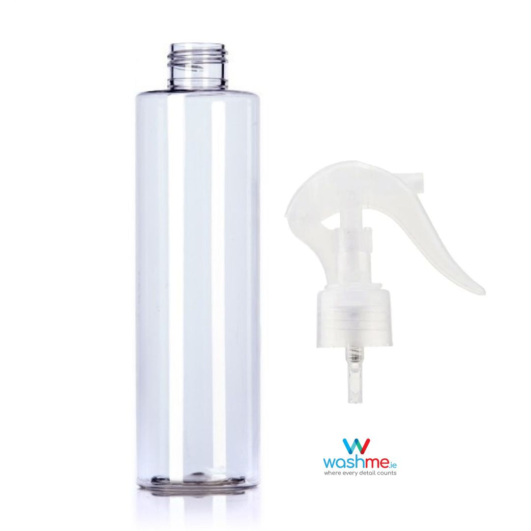 250ml bottle with mini sprayer. high quality bottle see through. stylish bottle for interior cleaner, glass cleaner or quick detailer. washme bottle.