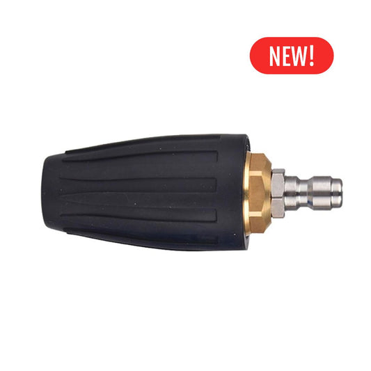 360° Rotating Turbo Nozzle with 1/4” Quick Release Black pressure washer nozzle with brass fitting on a white background, featuring a 'New!' label.