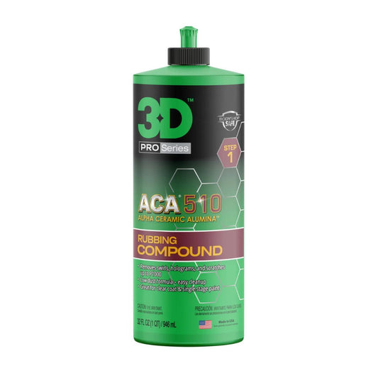 Green bottle of 3D Pro Series ACA 510 Rubbing Compound on a white background