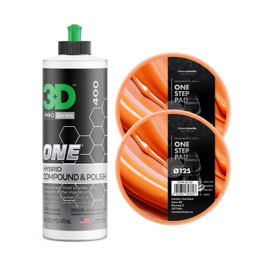 3D Pro Series hybrid compound & polish bottle with two orange one-step pads on a white background