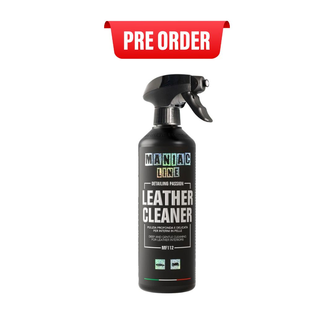 Black spray bottle of Maniac Line leather cleaner with 'Pre Order' label on a white background