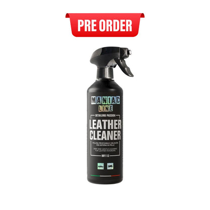 Black spray bottle of Maniac Line leather cleaner with 'Pre Order' label on a white background
