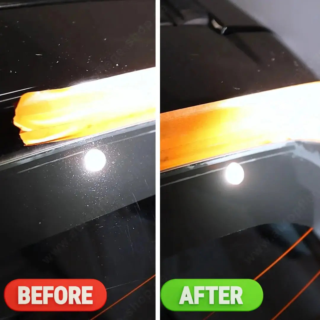 Before and after comparison of a car surface with a yellow cloth.