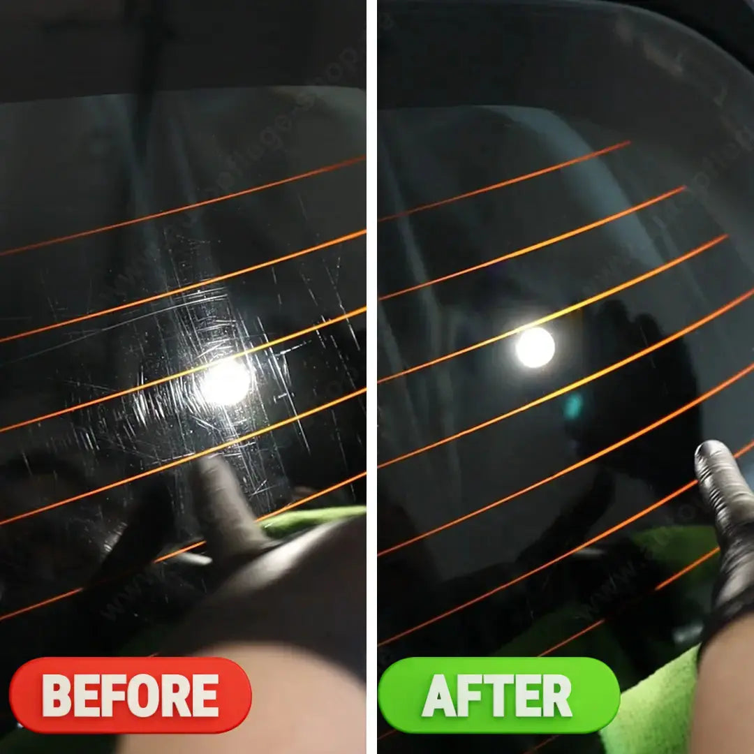 Before and after comparison of a car windsheild with a scratch being repaired.