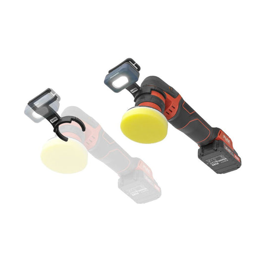 Innovative holder for attaching the Scangrip HEAD LITE S to the Flex PXE80 - flexible and professional illumination of the polishing area! APS Ireland