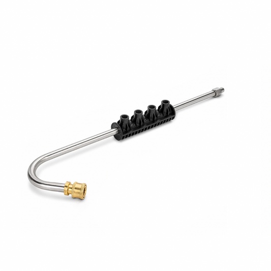 A metal pressure washer nozzler with a curved tube, a brass connector, and a black plastic multi-port nozzle assembly, shown on a solid white background.
