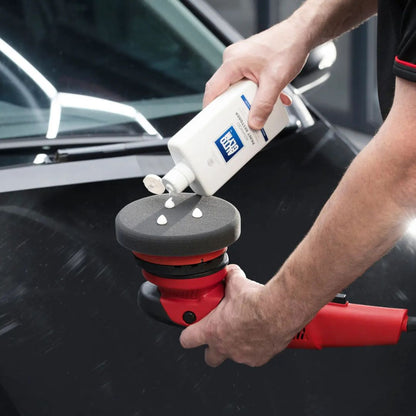 Person applying Autoglym Advanced Paint Restorer polish to Flex polishing machine