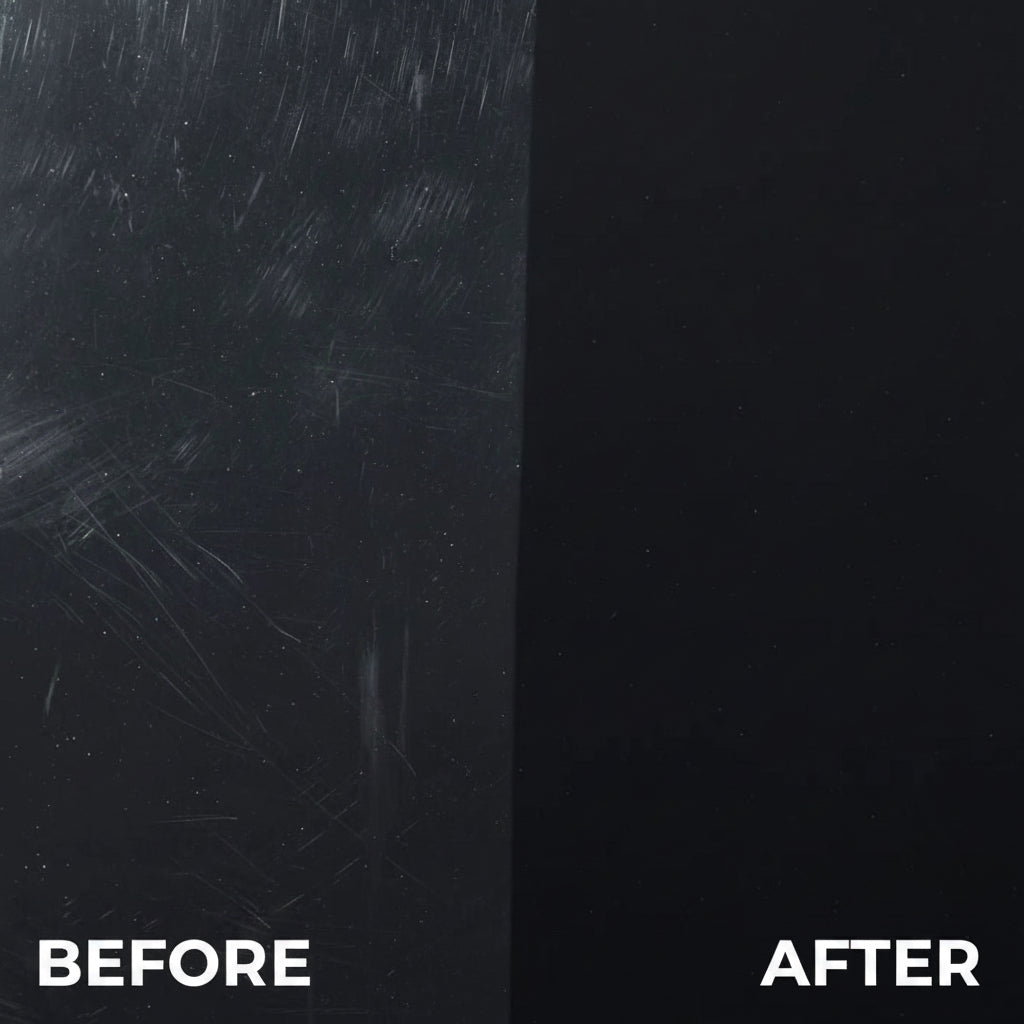 Close-up of a car bonnet with before and after polishing. Once side scratched, the other half shiny
