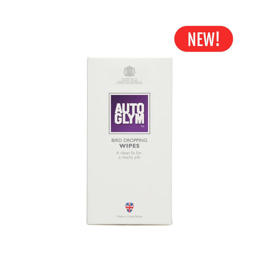 Box of Autoglym bird dropping wipes with a 'New!' label on a white background