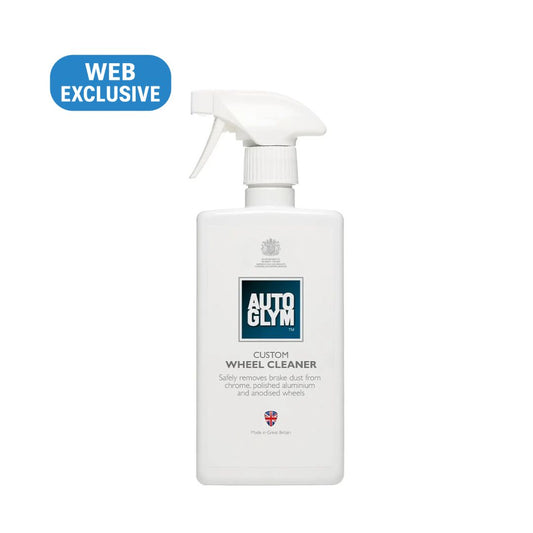 Autoglym custom wheel cleaner spray bottle on a white background with 'Web Exclusive' label.