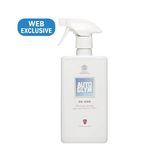 White spray bottle labeled 'Autoglym De-Icer' with a blue 'Web Exclusive' label on a white background.