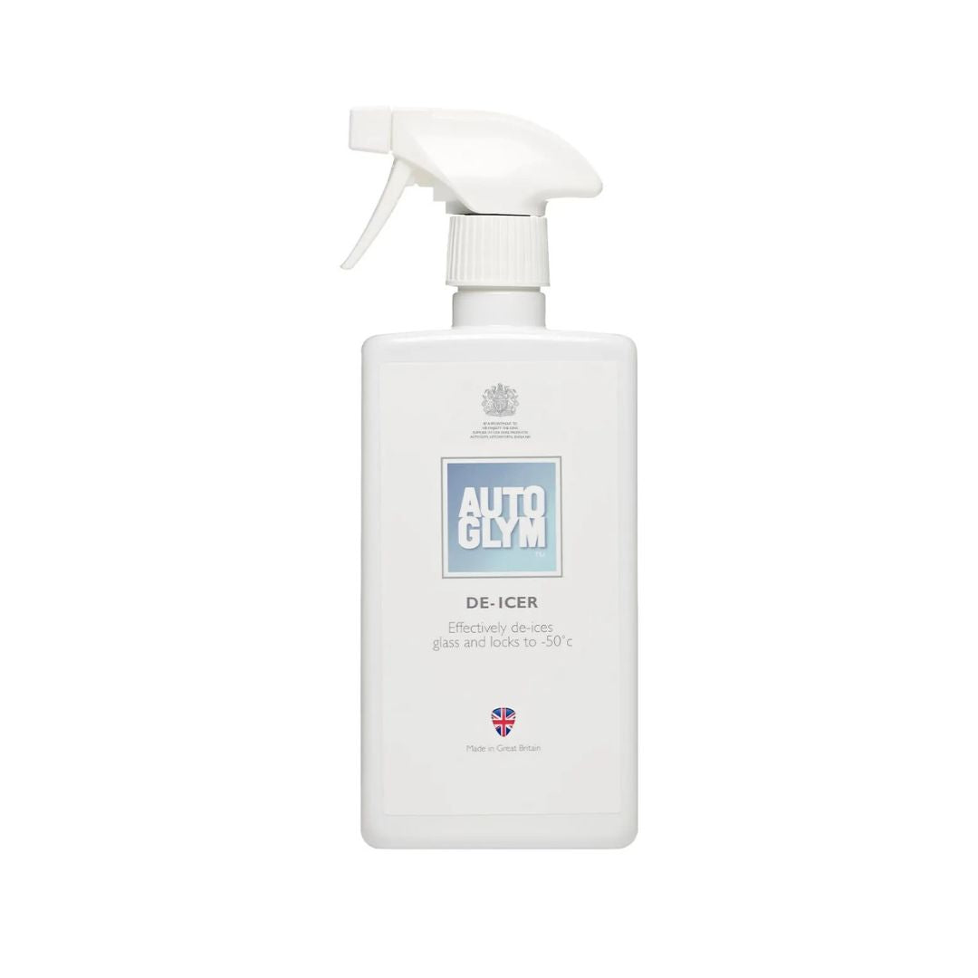 White spray bottle labeled 'Autoglym De-Icer' on a white background