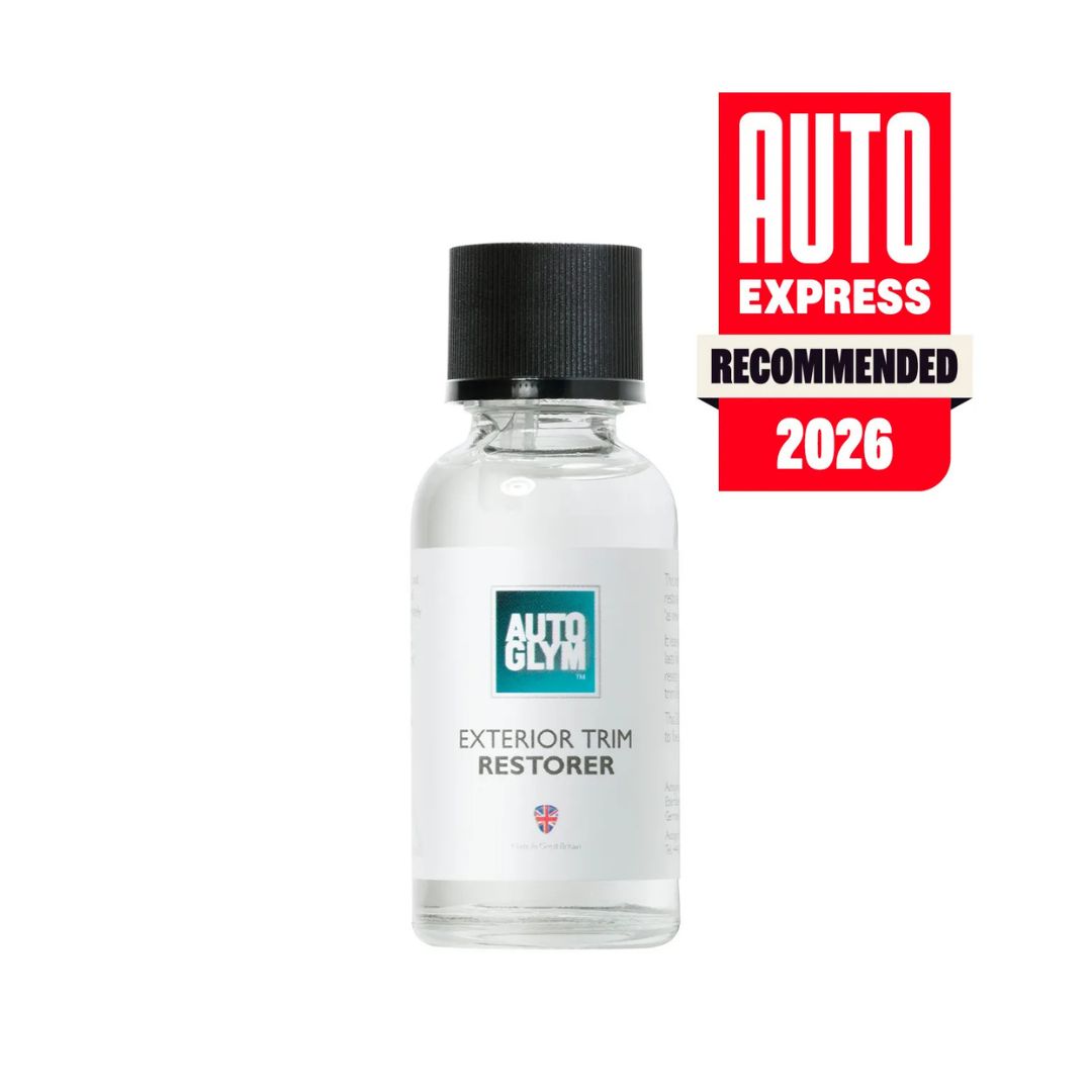 Bottle of Auto Glym exterior trim restorer with Auto Express recommended badge on a white background