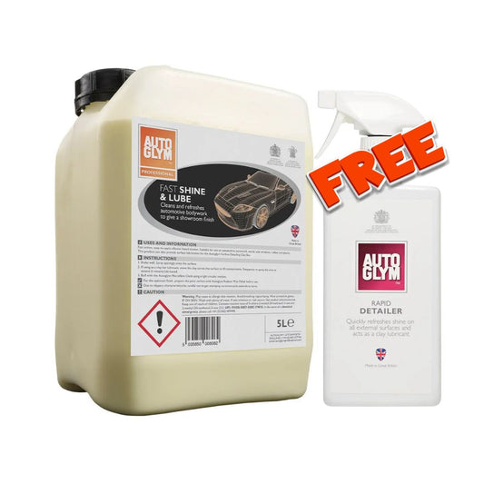 Two Autoglym car care products on a white background, with a free offer label. Fast shine and lube with Rapid Detailer quick detailer