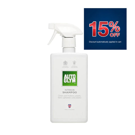 15% off Autoglym Interior Shampoo cleaner. removes stubborn stains from all interior fabrics and surfaces such as carpets, fabric upholstery, dashboards, doors and headlining.