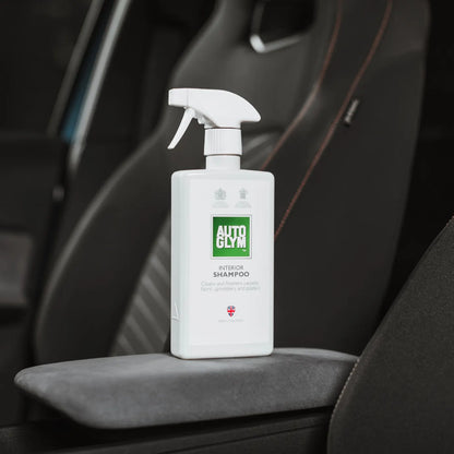 Autoglym Interior Shampoo cleaner. removes stubborn stains from all interior fabrics and surfaces such as carpets, fabric upholstery, dashboards, doors and headlining.