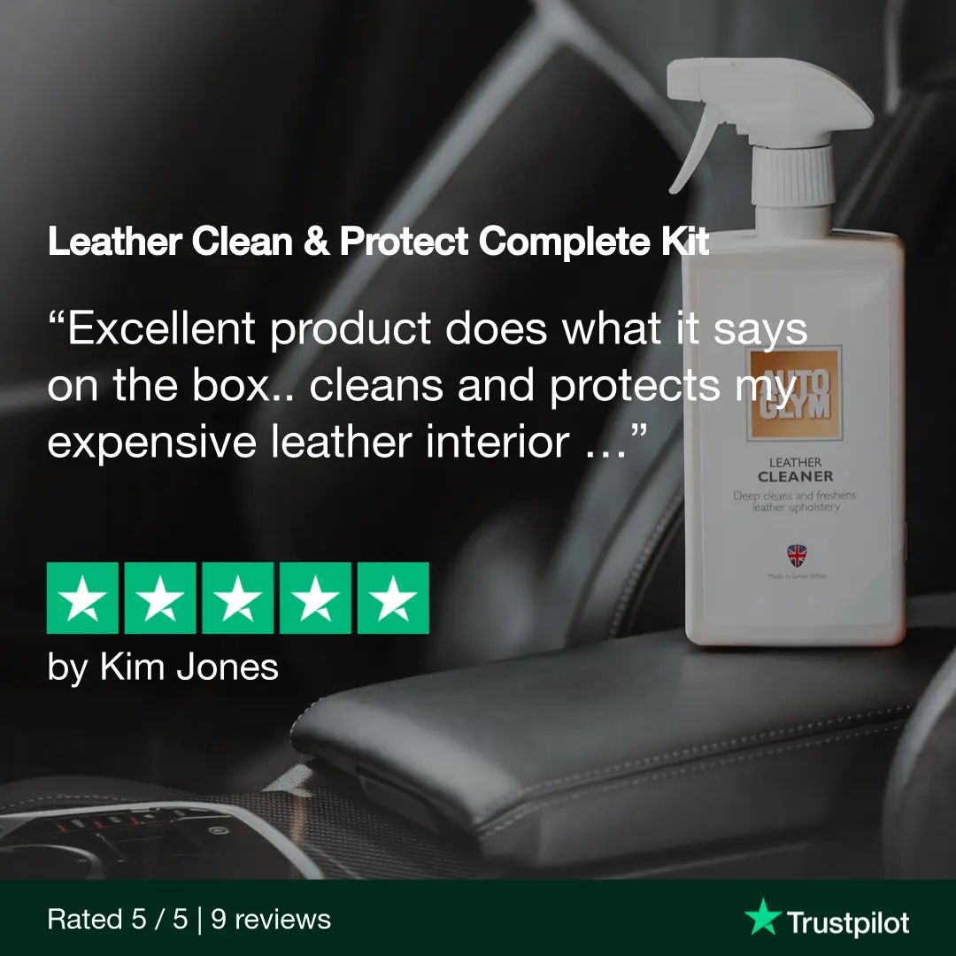 Autoglym Leather cleaner spray bottle on a car seat with customer review text and Trustpilot rating.