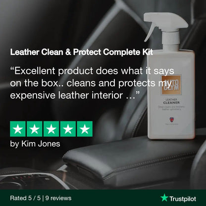 Autoglym Leather cleaner spray bottle on a car seat with customer review text and Trustpilot rating.