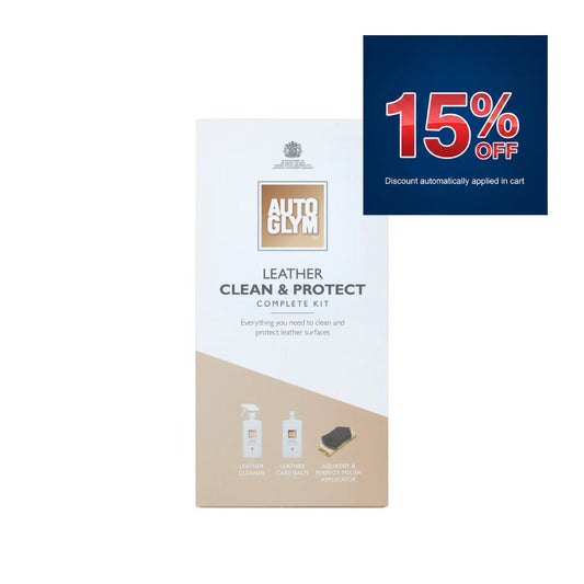15% off Autoglym leather care products including bottles, a spray, a sponge, and a cloth with packaging on a white background.