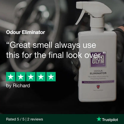 White spray bottle labeled 'Autoglym Odour Eliminator' with text and Trustpilot rating on a blurred background.