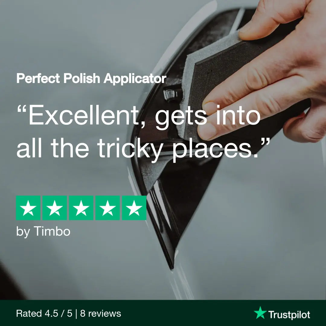 Hand using a Perfect Polish Applicator on a car surface with Trustpilot rating.