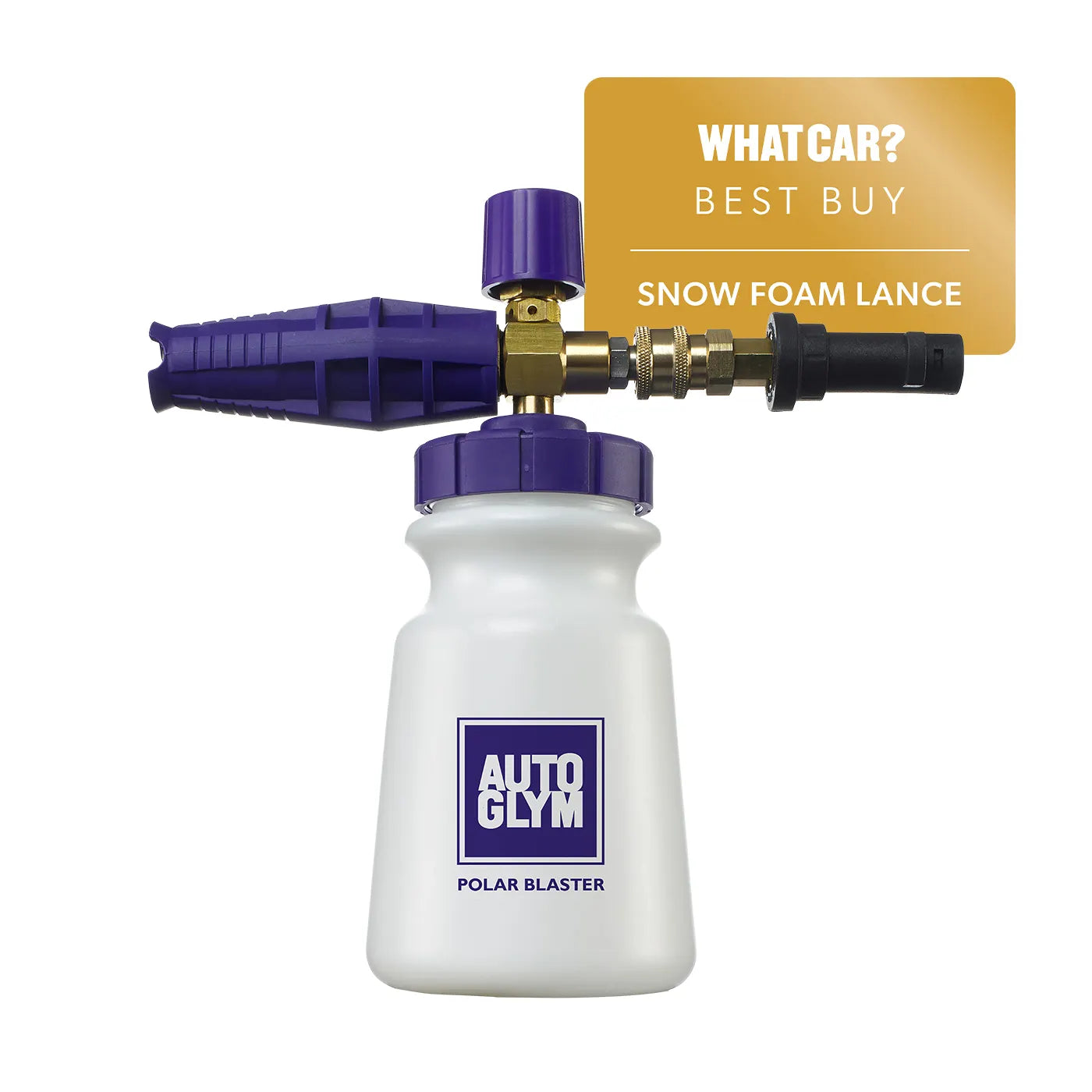 White snow foam lance with purple nozzle and 'Autoglym' branding, featuring a 'What Car?' Best Buy label.