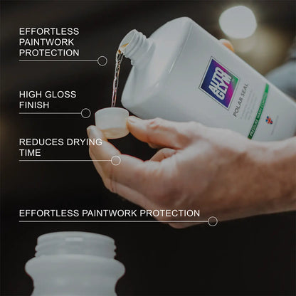 Person pouring Autoglym Polar Seal from a bottle labeled 'Polar Seal' into another container, with text highlighting product features on a dark background.