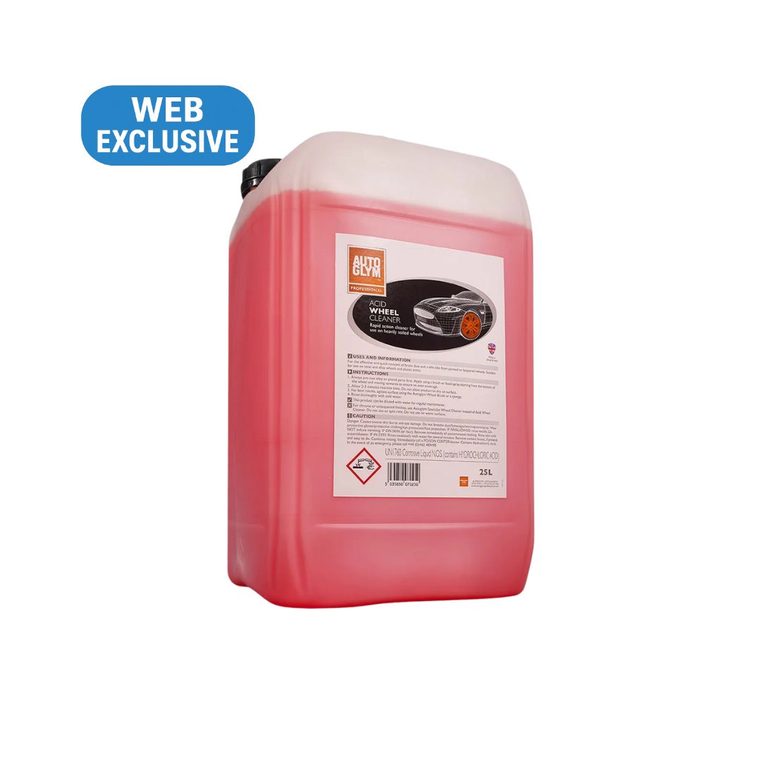 Pink Autoglym Acid Wheel Cleaner product container with a label on a white background
