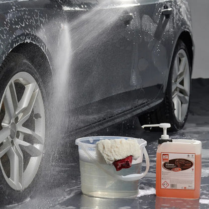 Car being washed with a bucket of soapy water and a bottle of car wash soap.