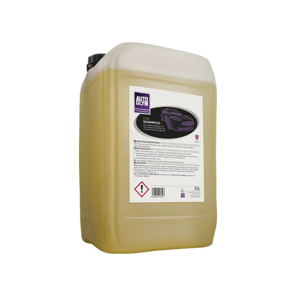A 25L plastic jerrycan of Autoglym Car Shampoo filled with a translucent golden-yellow liquid, featuring a white label with a purple car graphic, on a solid white background.