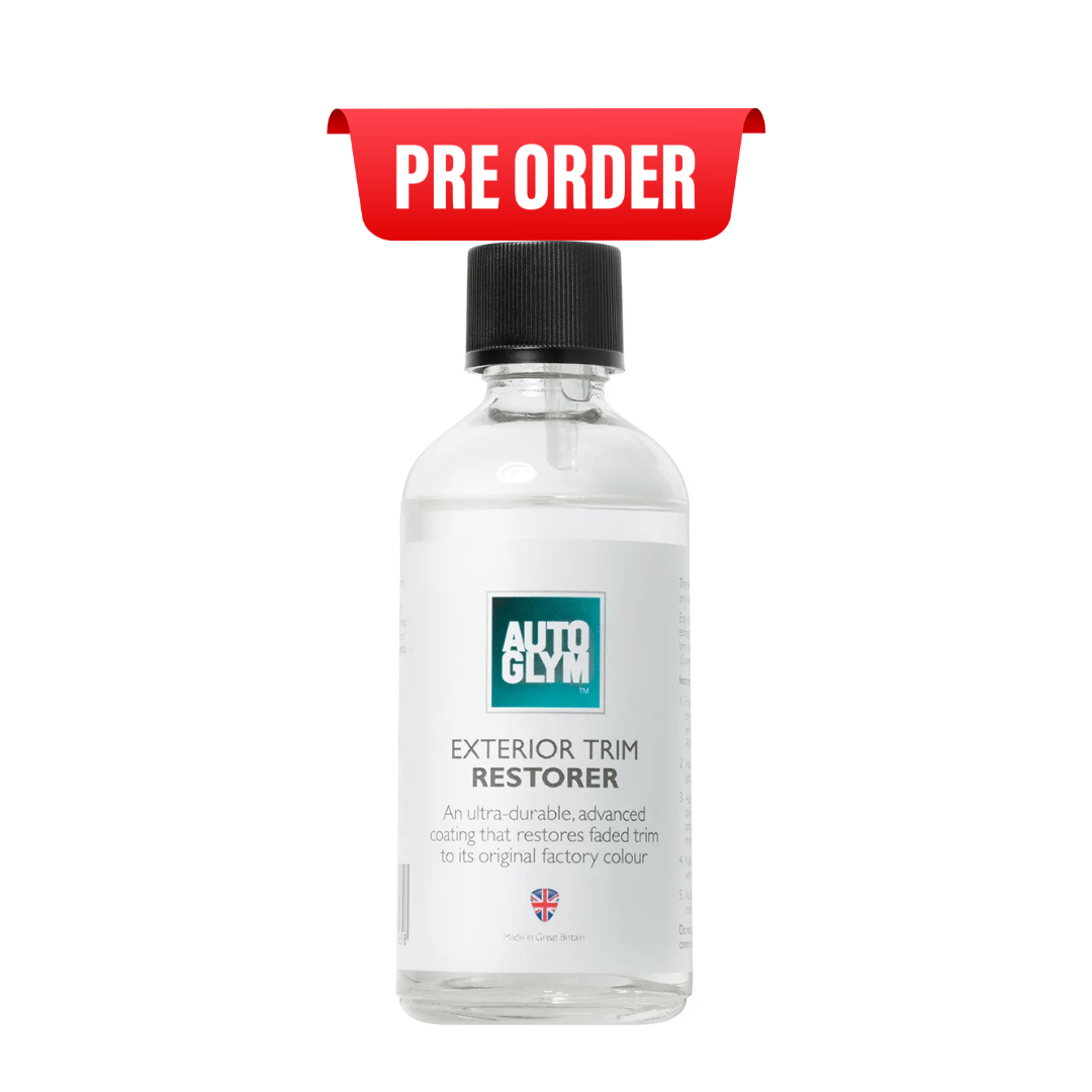 Bottle of Auto Glym Exterior Trim Restorer with a red 'Pre Order' label on a white background