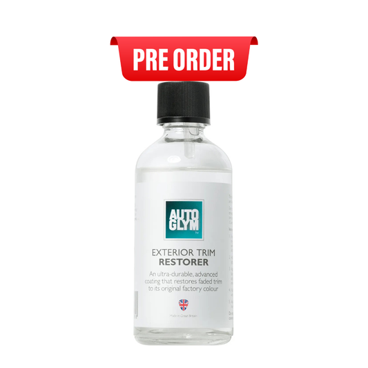 Bottle of Auto Glym Exterior Trim Restorer with a red 'Pre Order' label on a white background