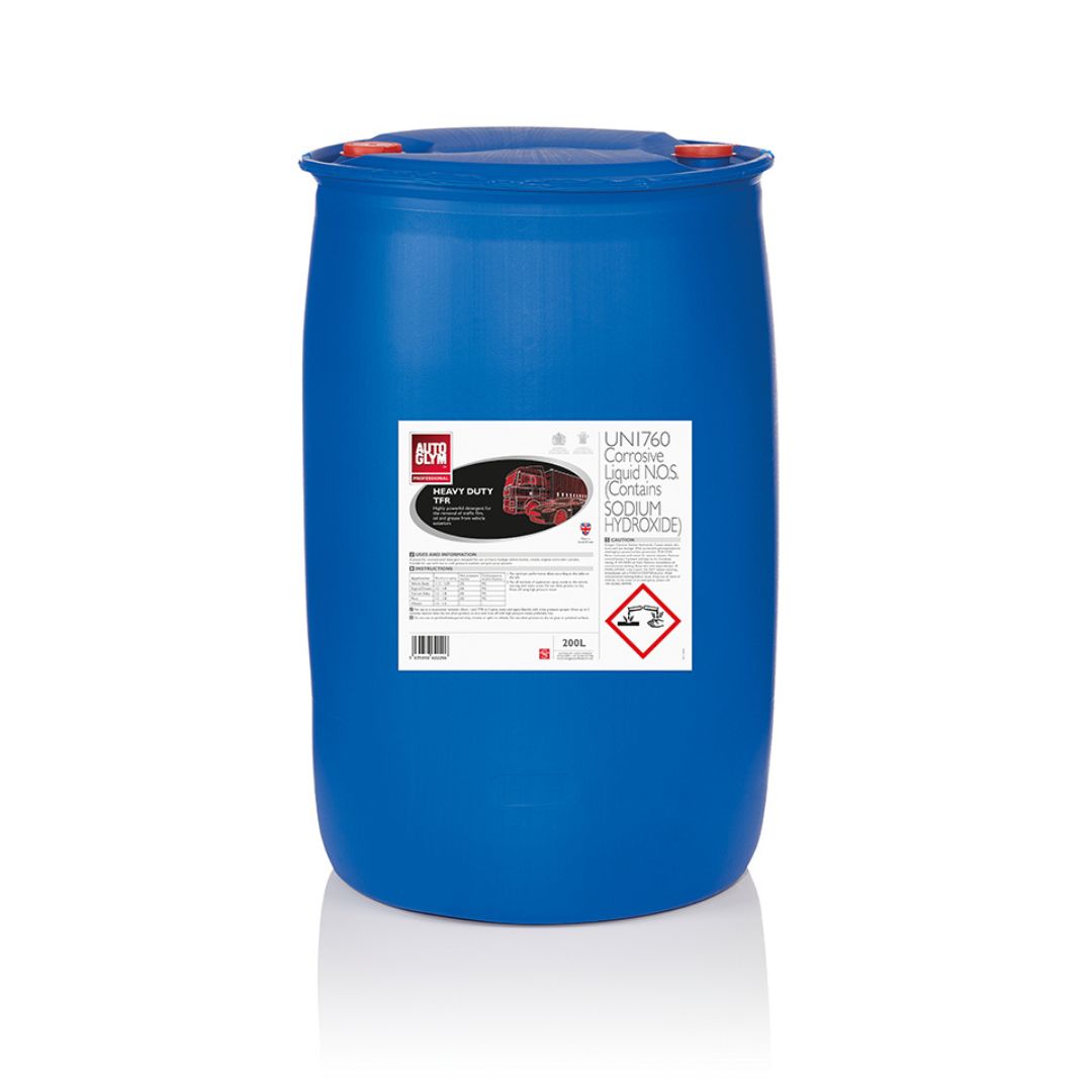 A 200L blue plastic barrel of Autoglym Heavy Duty TFR, set against a plain white background with a soft reflection.