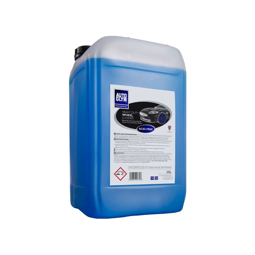 A 25L blue plastic jerrycan of Autoglym Heavy Duty Wheel Cleaner, featuring a white label with product details and a black cap, isolated on a white background.