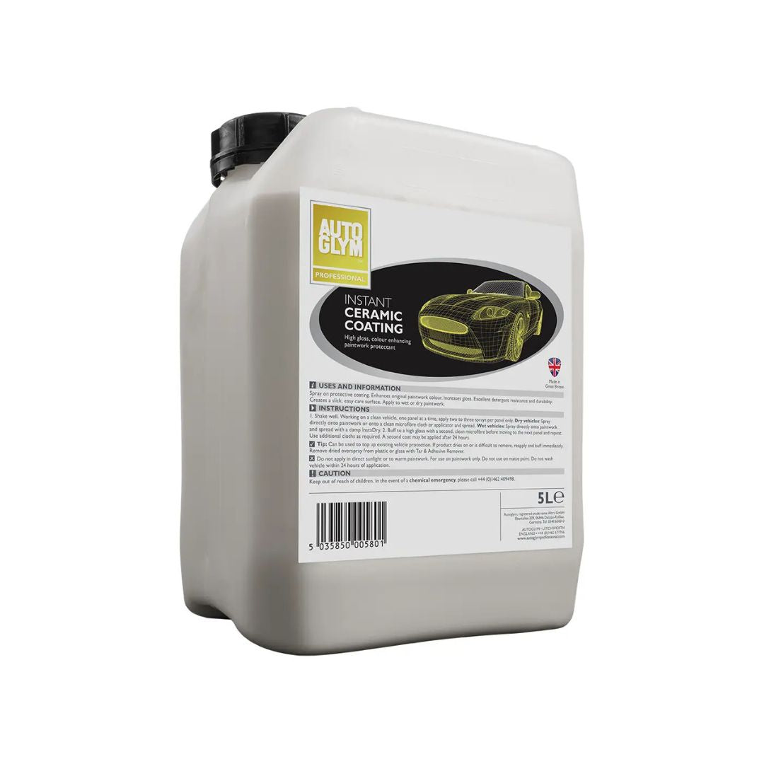 A 5-litre white plastic jerry can of Autoglym Instant Ceramic Coating with a black cap, shown on a plain white background.