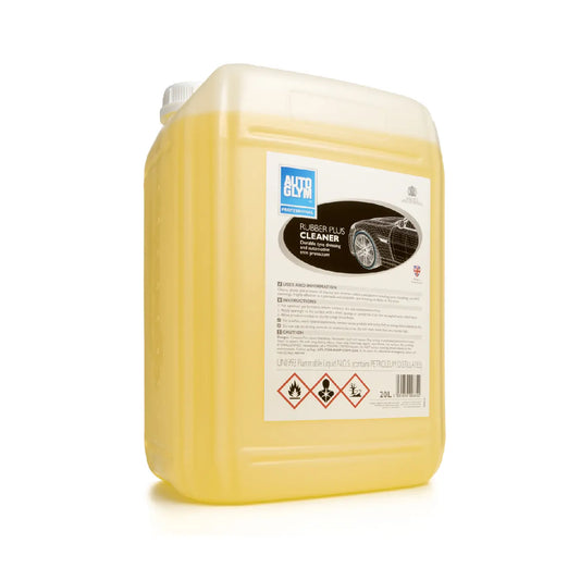 A 20L plastic jerrycan of Autoglym Rubber Plus Tyre Dressing in a translucent yellow container, shown on a clean white background.