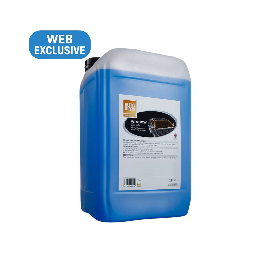 Blue Autoglym container Window Clean Glass Cleaner with a label on a white background, featuring 'Autoglym' brand.
