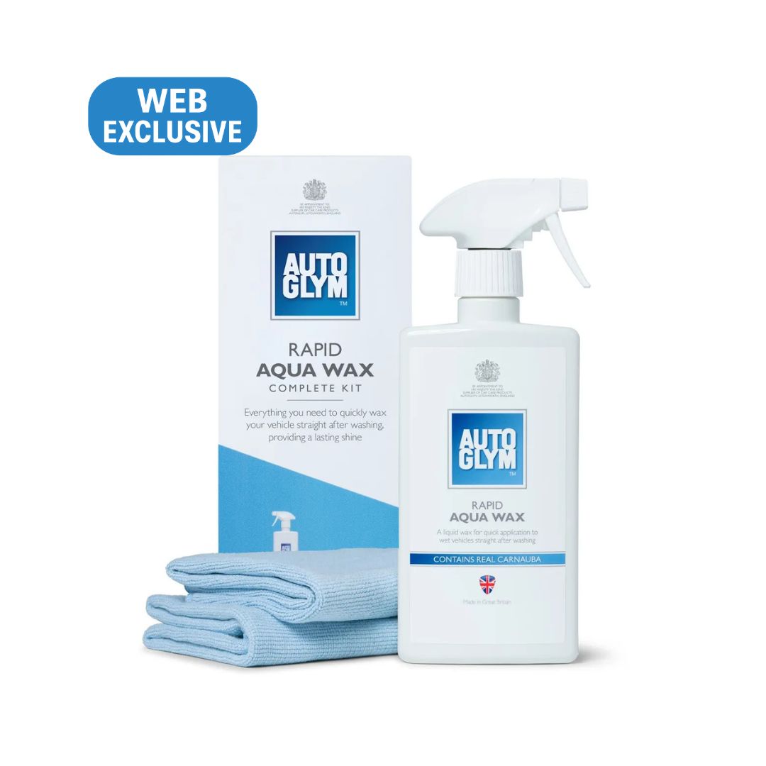 Auto Glym Rapid Aqua Wax complete kit with bottle, packaging, and cloth on a white background. Autoglym Ireland